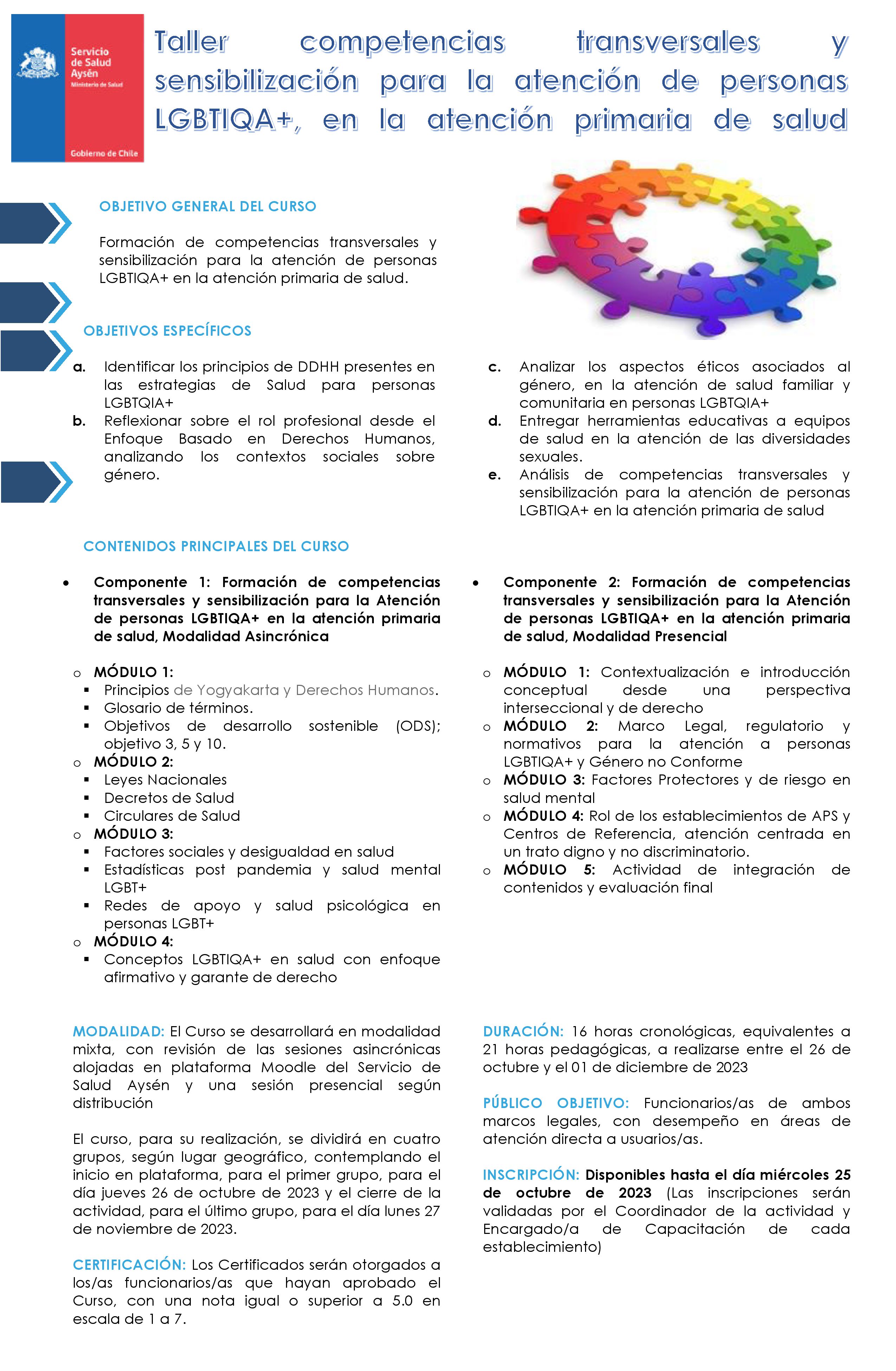 Afiche - Taller competencias transversales y sensibilización para la atención de personas LGBTIQA+ en APS